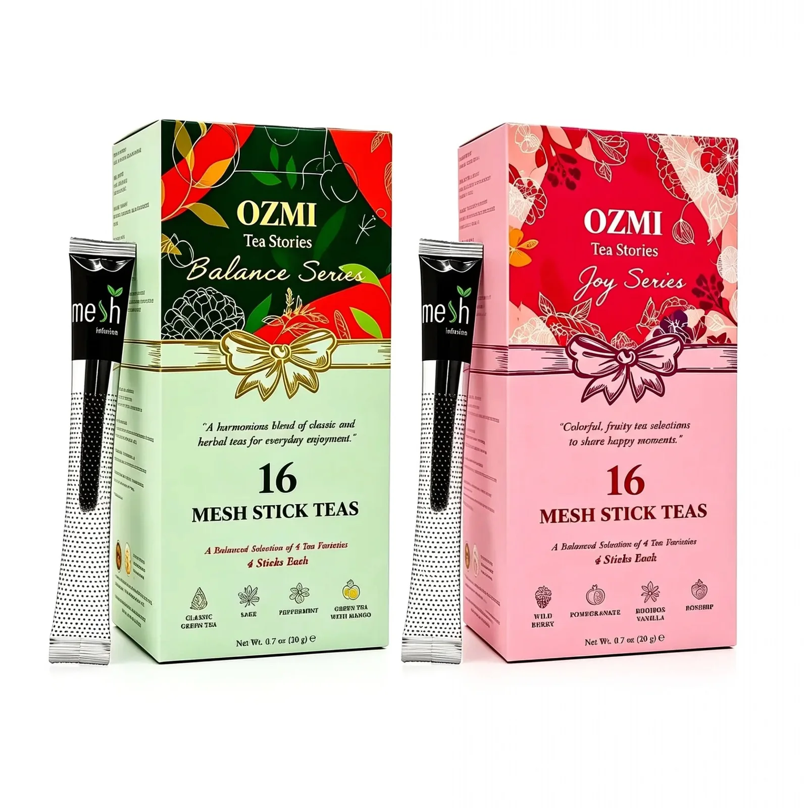 OZMI Balance and Joy Series tea collection, 32 mesh stick teas