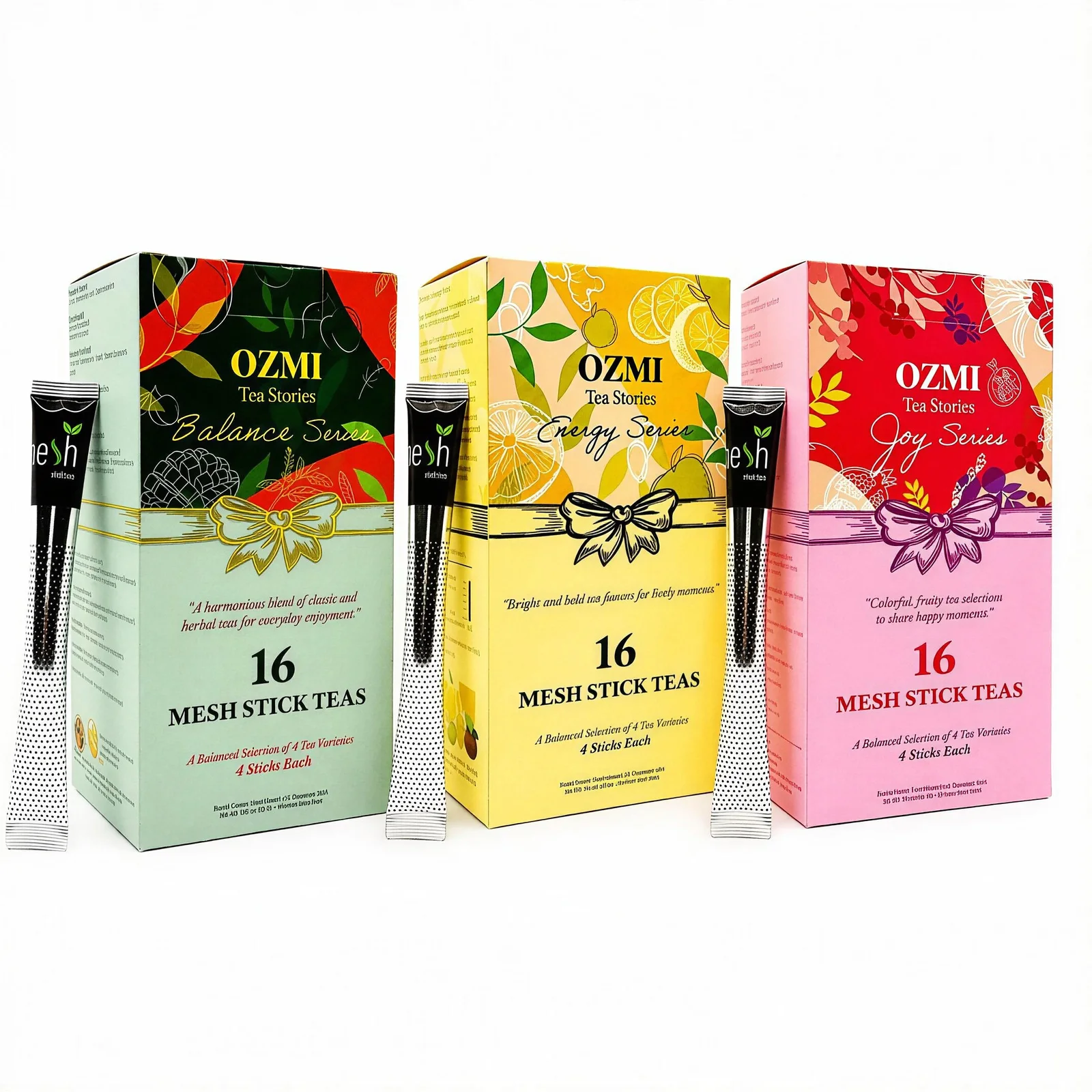 OZMI Tea Stories Balance, Energy and Joy boxes side by side